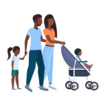 Family of four with little girl and baby in stroller