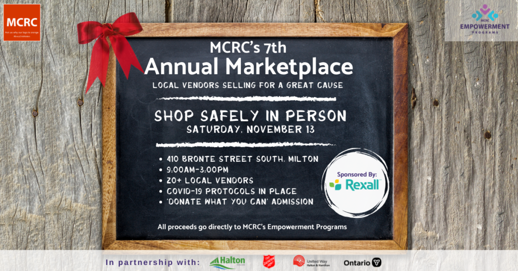 Marketplace 2021 flyer - chalkboard with red bow on a wood slate background
