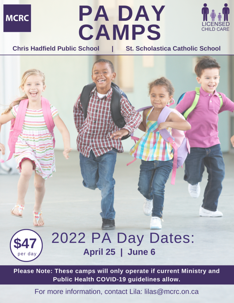School children running in hallway with 2022 PA day camp information