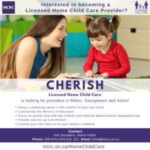 Flyer with smiling child care worker and child. Includes information about becoming a Home Child Care Provider
