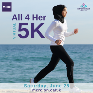 All 4 Her Flyer. Young woman running. Text reads: All 4 Her Virtual 5k. Saturday, June 25