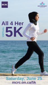 All 4 Her Flyer story size format. Young woman running. Text reads: All 4 Her Virtual 5k. Saturday, June 25