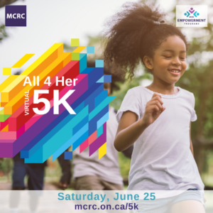 All 4 Her Flyer. Young girl walking. Text reads: All 4 Her Virtual 5k. Saturday June 25