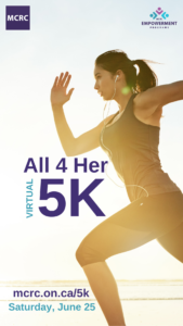 All 4 Her Flyer story sized format. Woman running with headphones in. Text reads: All 4 Her Virtual 5k. Saturday, June 25