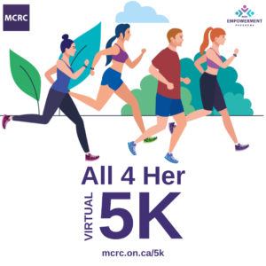 All 4 Her Flyer. Illustration of 4 people running. Text reads: All 4 Her Virtual 5k