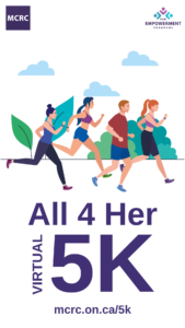 All 4 Her Flyer story size format. Illustration of 4 people running. Text reads: All 4 Her Virtual 5k
