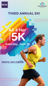 All 4 Her Flyer story size format. Man running with headphones in. Text reads: Third Annual 5k! All 4 Her Virtual 5k. Saturday, June 25