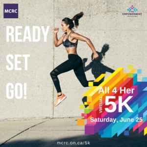 All 4 Her Flyer. Woman in black workout clothing jumping in the air. Text Reads: Ready Set Go! All 4 Her Virtual 5k. Saturday, June 25