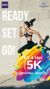 All 4 Her Flyer story sized format. Woman in black workout clothing jumping in the air. Text Reads: Ready Set Go! All 4 Her Virtual 5k. Saturday, June 25