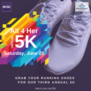 All 4 Her Flyer. White running shoes on a purple background. Text Reads: All 4 Her Virtual 5k. Saturday, June 25. Grab Your Running Shoes for Our Third Annual 5k