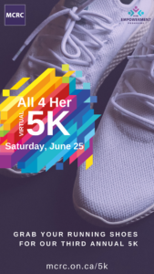All 4 Her Flyer story size format. White running shoes on a purple background. Text Reads: All 4 Her Virtual 5k. Saturday, June 25. Grab Your Running Shoes for Our Third Annual 5k