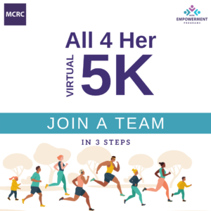 Illustration of many people running. All 4 Her Virtual 5k - Join a Team in 3 Steps