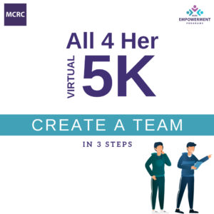 Illustration of 2 people in athletic clothing holding a clipboard. All 4 Her Virtual 5k Create a Team in 3 steps