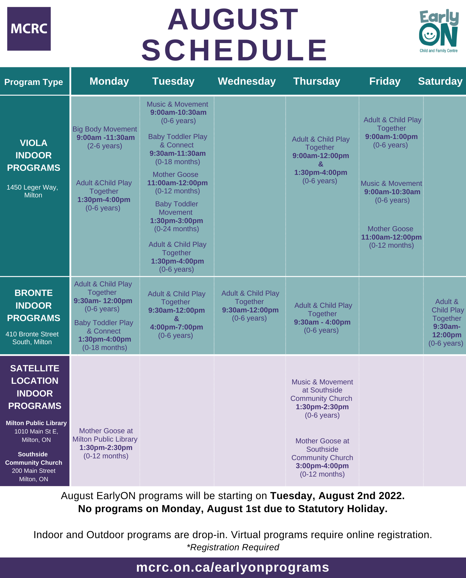 EarlyON Schedule – MCRC