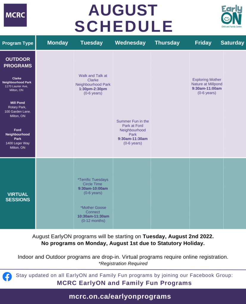 MCRC EarlyON Schedule Page 2 August 2022