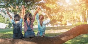 three girls on a sunny day sitting on a big tree branch holding hands and raising them in the air