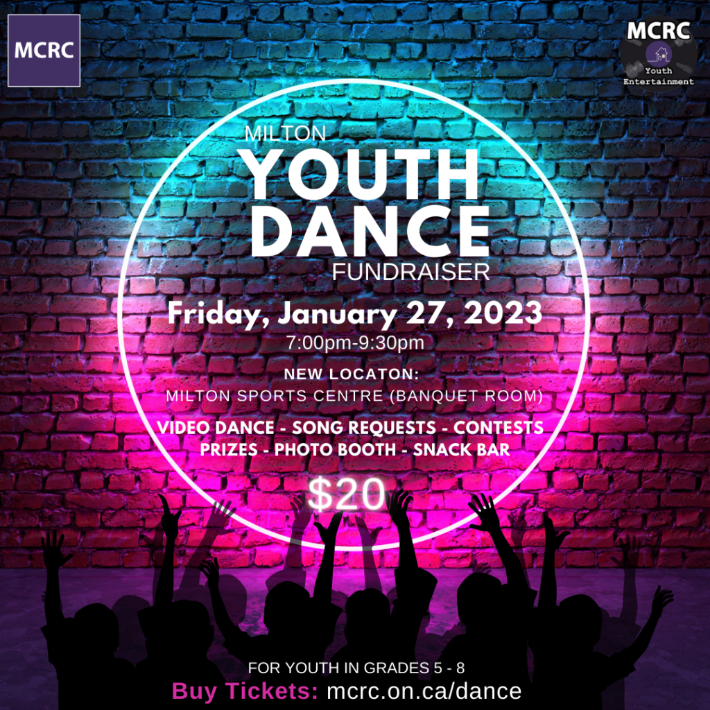 neon circle on dark brick wall with information about MCRC's Youth Dance on January 27, 2023