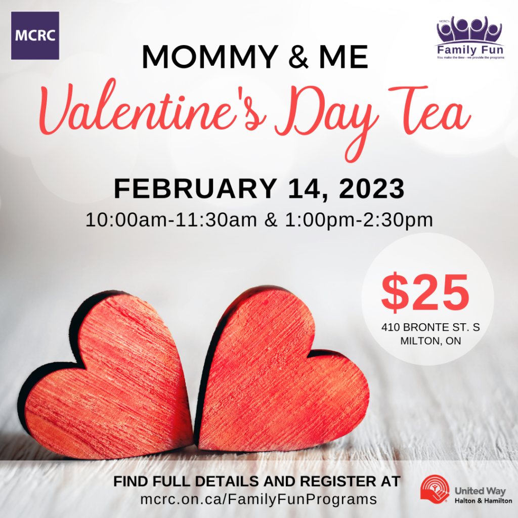 Image with 2 red wooden hearts on a wood floor and information about Mommy and Me Valentine's Day Tea Event