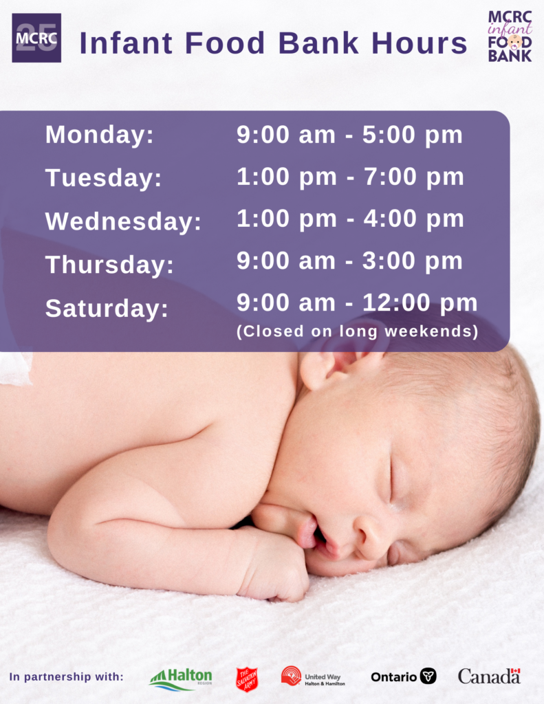 Infant Food Bank Hours with MCRC 25th anniversary logo