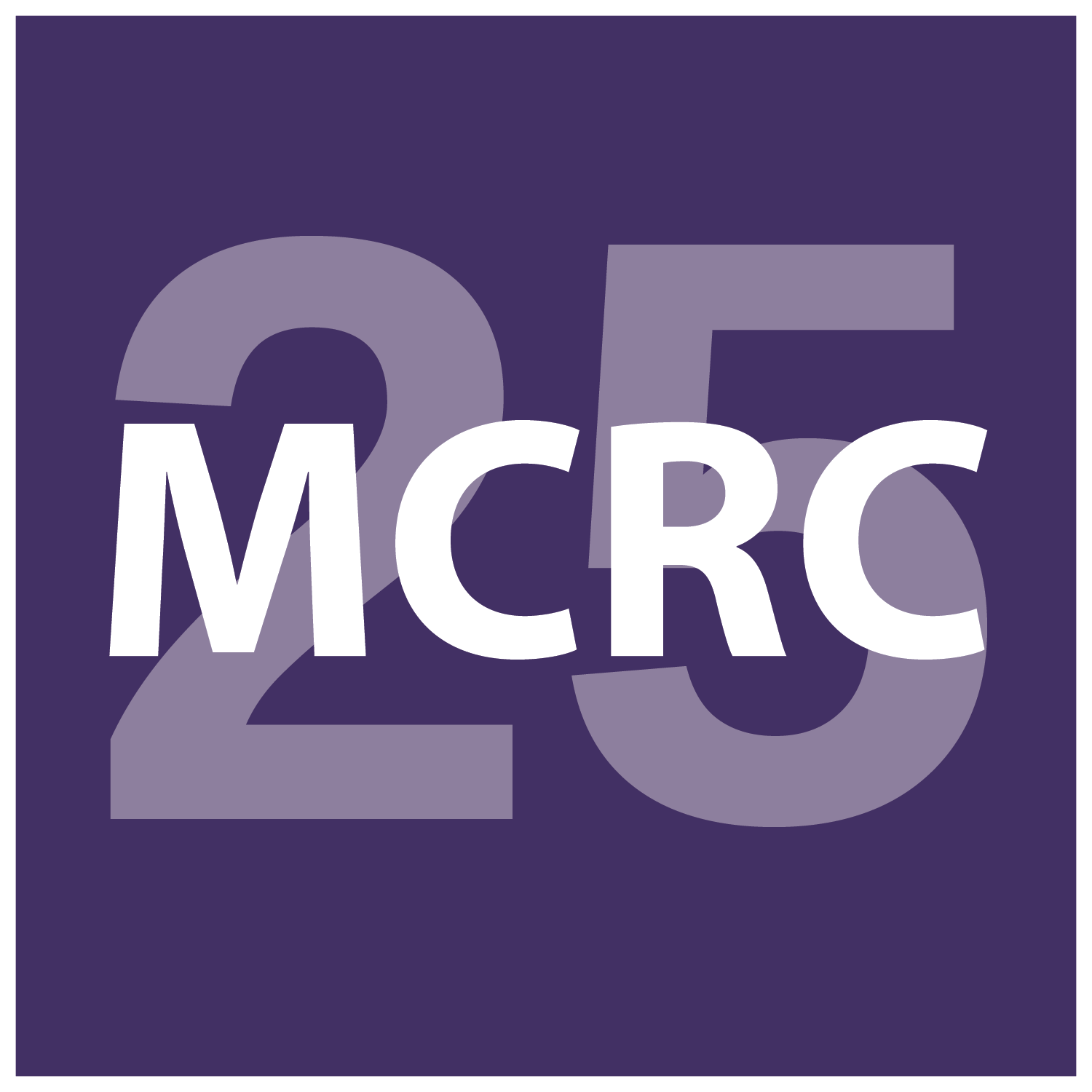 MCRC's 25th Anniversary Logo. A purple background with the number 25 and a white text overlay that reads MCRC
