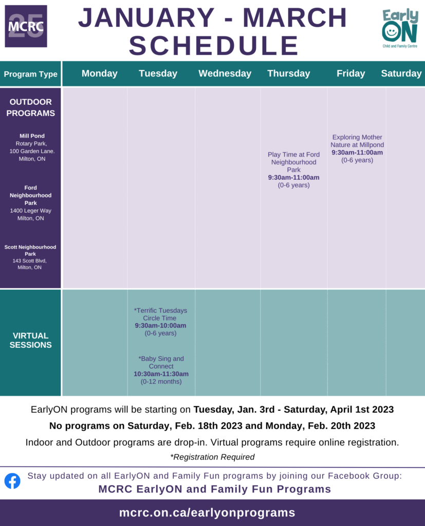 EarlyOn January-March Schedule page 2 with MCRC 25th anniversary logo