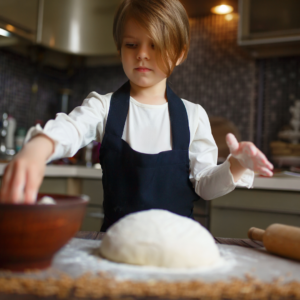 child with hand in flour and pile of dough in front of them