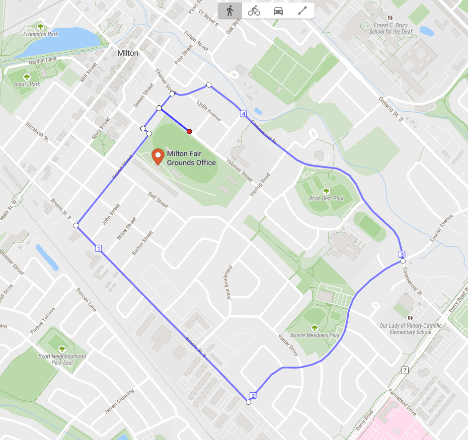 map of Milton with She Can Walk! route highlighted