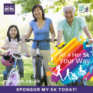 A family of three standing on bikes. Text reads: Sponsor my 5k today