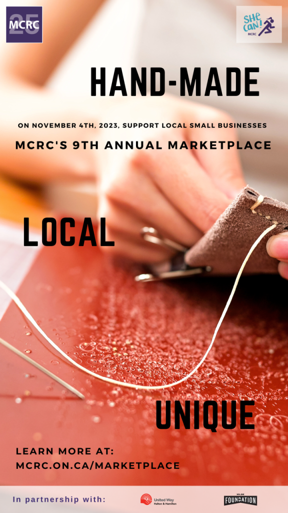 A person crafting. Text contains details for MCRC's 9th annual marketplace