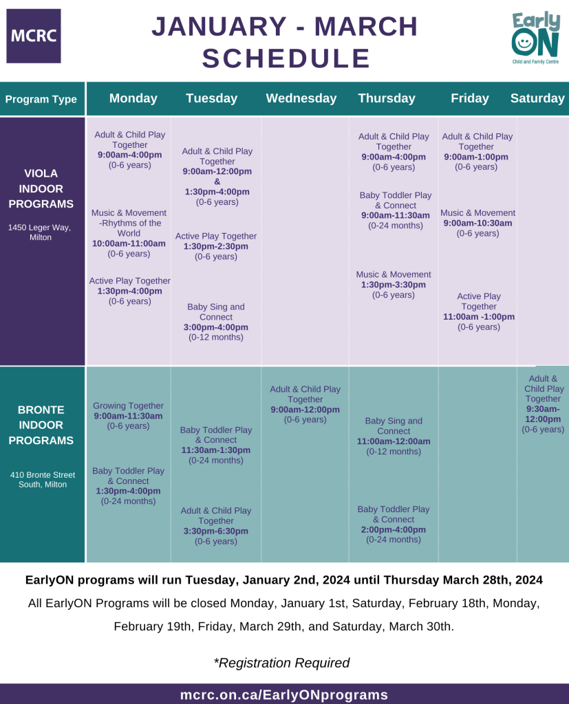 EarlyON Schedule MCRC