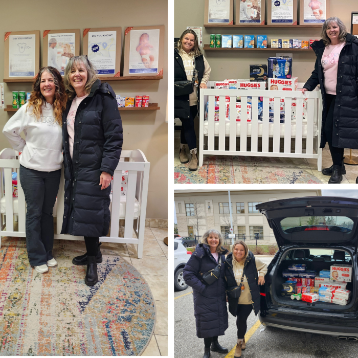 3 a collage of 3 photos of a donation of infant products made by smiling women