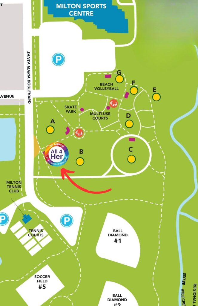 Map of Milton Community Park with All 4 Her Location logo on Gazebo B