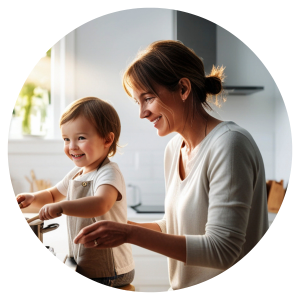 photo of a mom and a young child cooking together in a kitchen wearing aprons