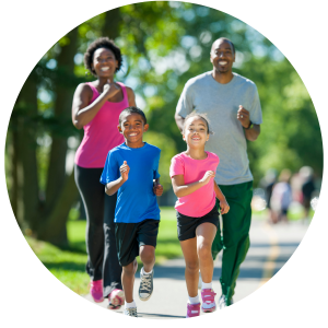 photo of family walking briskly together outdoors