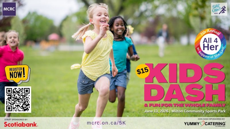 photo of children smiling and running outdoors with information MCRC's 7th Annual All 4 Her and Kids Dash
