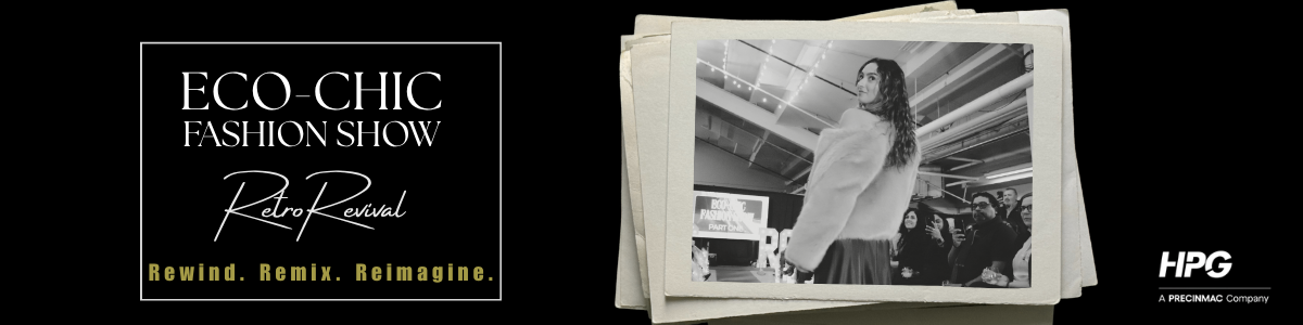 Eco-Chic Fashion Show: Retro Revival Banner, featuring a photo of a model on the runway at last year's event