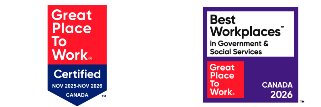 great place to work badging nov 2025- nov 2026 and Best Government and Social Services Organizations 2026.